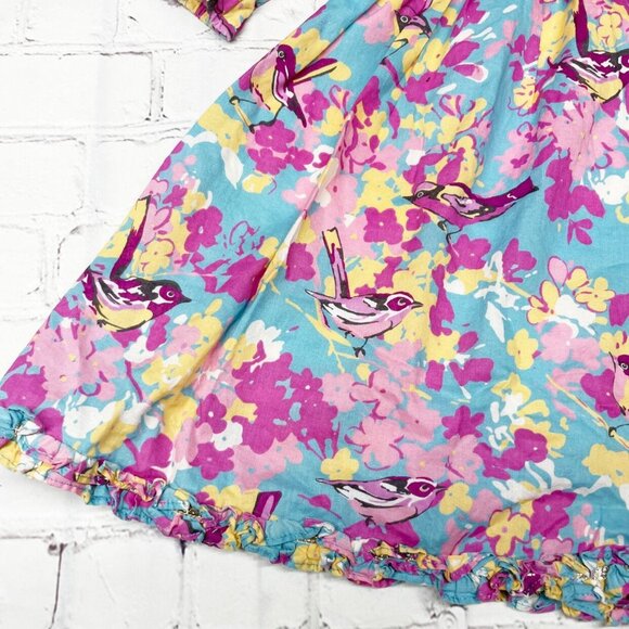 Garnet Hill Bird Print Wrap Neck Long Sleeved Dress Girls 2 Blue Pink Yellow - Picture 3 of 8